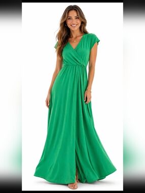 New York & Company Emerald Green V-Neck Wrap Maxi Dress (Size: XS)